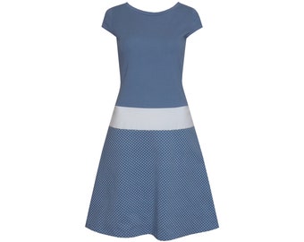 Dot dress Marie dove blue mini sleeves deep waist with hip cuffs in many colors