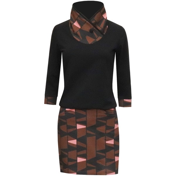 fall leaves c.o.s. Dress narrow skirt cozy top 3/4 sleeves high shawl collar black brown