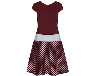 Dot dress Marie burgundy mini sleeves deep waist with hip cuffs in many colors