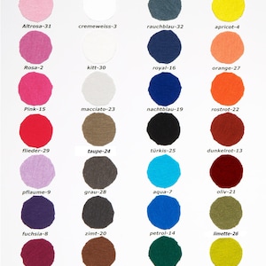 May include: A colour chart with 26 different coloured fabric swatches. Each swatch is labelled with a colour name and a number. The chart is titled "auslaufende Farbkarte, nur solange noch verf&uuml;gbar!!!"