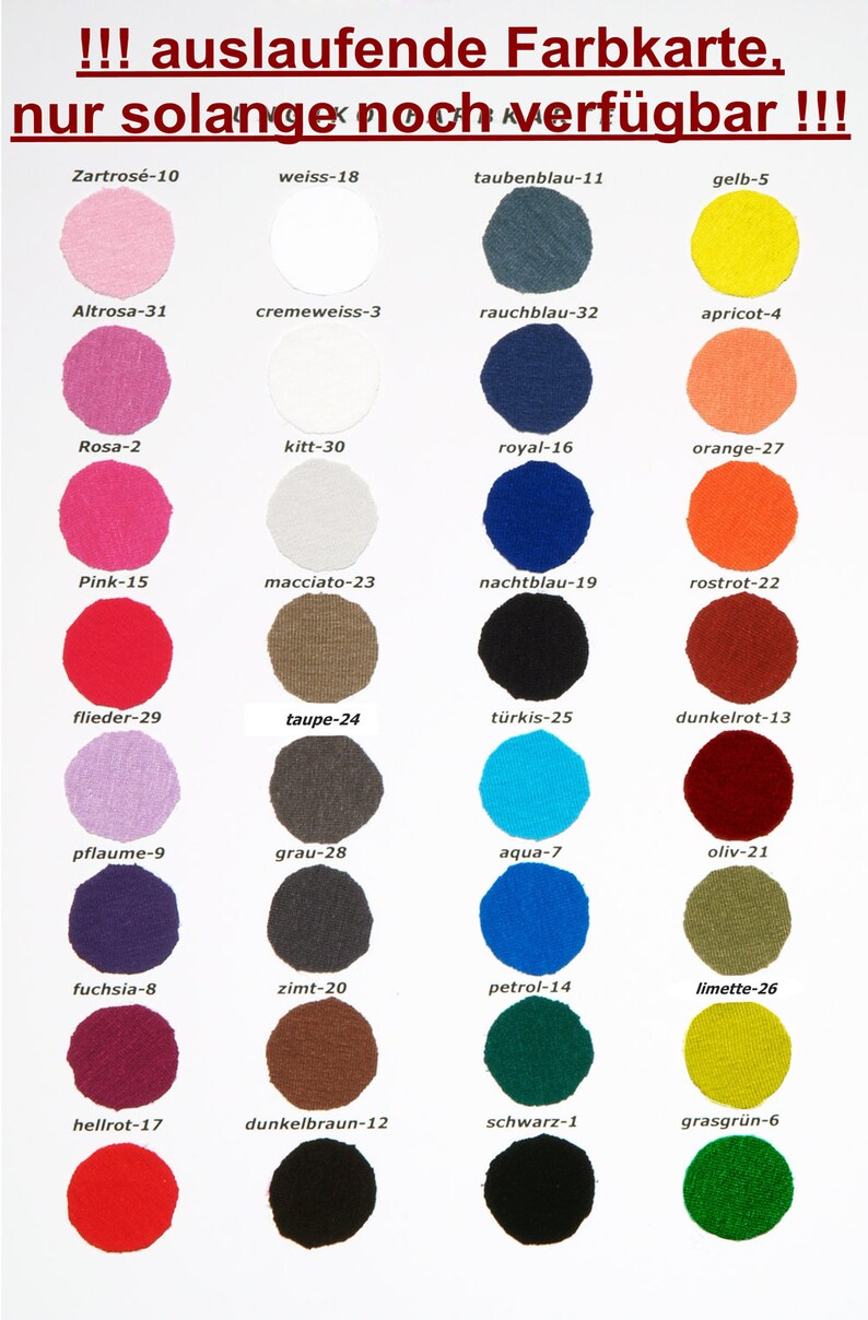 May include: A colour chart with 26 different coloured fabric swatches. Each swatch is labelled with a colour name and a number. The chart is titled "auslaufende Farbkarte, nur solange noch verf&uuml;gbar!!!"