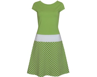 Dot dress Marie kiwi green mini sleeves low waist with hip cuffs in many colors