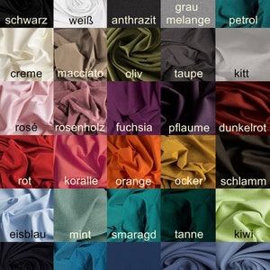 May include: Swatch card displaying 25 different fabric colours, including black, white, grey, red, blue, green, and yellow. The colours are arranged in a grid pattern and labelled with their German names.