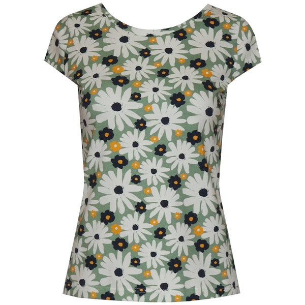 ungiko shirt Marie flowers retro green yellow mini sleeves round neckline