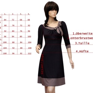 May include: Size chart for a black and brown dress with a bow at the neckline. The chart shows measurements in inches for bust, underbust, waist, and hips. The dress is available in sizes XS to 3XL.