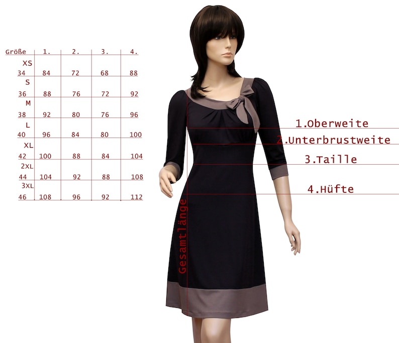 May include: Size chart for a black and brown dress with a bow at the neckline. The chart shows measurements in inches for bust, underbust, waist, and hips. The dress is available in sizes XS to 3XL.