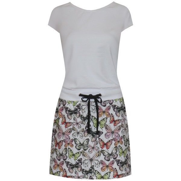 ungiko dress Tine with pockets white with colorful butterflies round neckline drawstring with ribbon straight skirt part