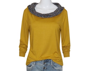 Shirt Dorli long sleeve wide hooded collar casual cut ochre dark grey with colorful dots