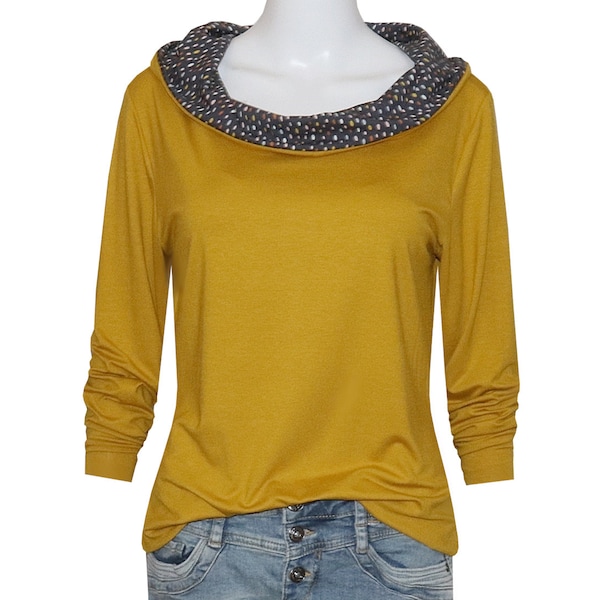 Shirt Dorli long sleeve wide hooded collar casual cut ochre dark grey with colorful dots