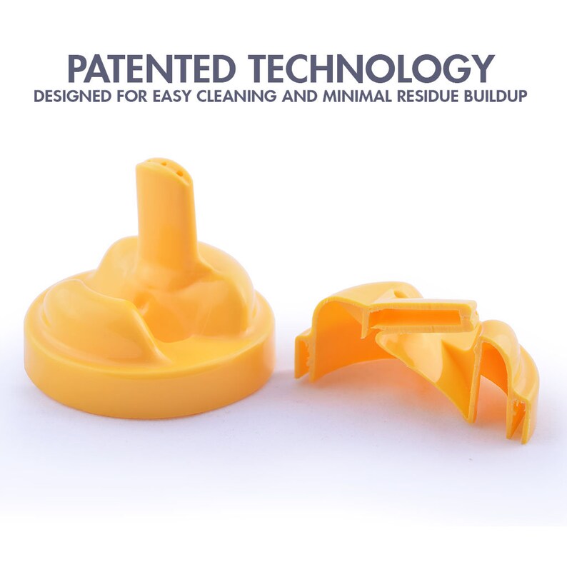Puede incluir: Tapa de botella de pl&aacute;stico amarilla con un pico y un anillo de pl&aacute;stico amarillo separado. El texto "PATENTED TECHNOLOGY DESIGNED FOR EASY CLEANING AND MINIMAL RESIDUE BUILDUP" est&aacute; por encima de la tapa de la botella.