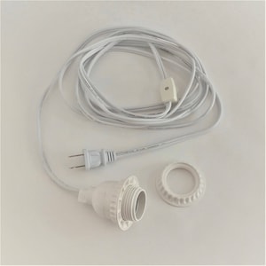 May include: White electrical cord with a plug, an inline switch, and a light socket. The cord is coiled and the socket is detached.