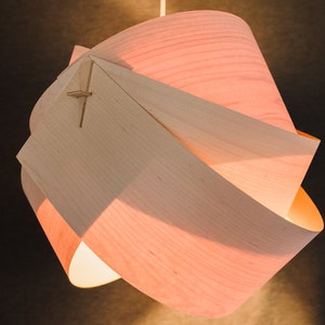 May include: A light wood pendant lamp with a unique, geometric design. The lampshade is made of thin, curved pieces of wood that are joined together to create a swirling, organic shape. The lampshade is illuminated from within, casting a warm glow.