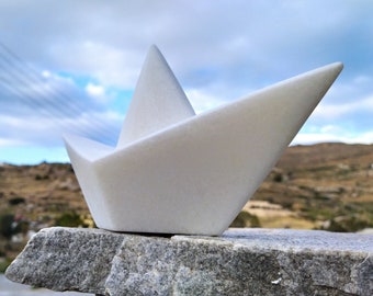 Small Paper Boat Hand Carved from Snow White Greek Marble, 27 cm, Modern Sculpture Art, Unique and Best Art Gift