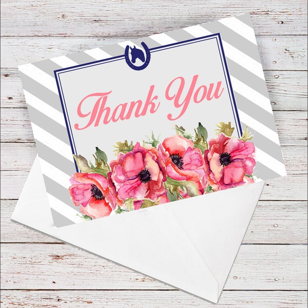 Shower Thank you Card Kentucky Derby DIY DIGITAL FILE Navy blush gray poppy preppy spring Summer hat tea party horseshoe summer 005