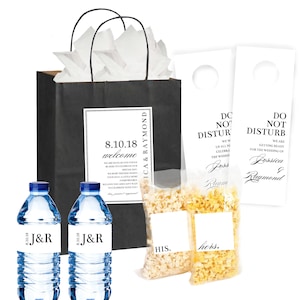 Wedding Hotel Guest Welcome Bag Set Modern Black White Clean Chic Minimalist minimal clean simple Door Hanger Water Bottle Label Itinerary