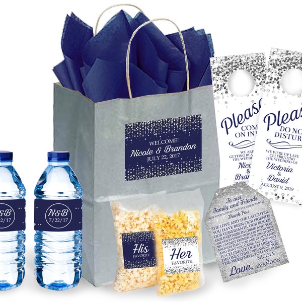 Wedding Hotel Guest Bag Navy blue silver gray glitter Modern Casual Garden Door Hanger Water Bottle Label Welcome note Itinerary 023