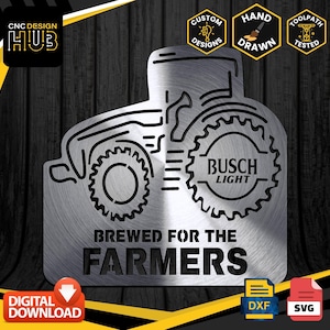 May include: A metal sign with a tractor silhouette and the text "Brewed for the Farmers" and "Busch Light". The sign is on a wood background with a yellow and black border.