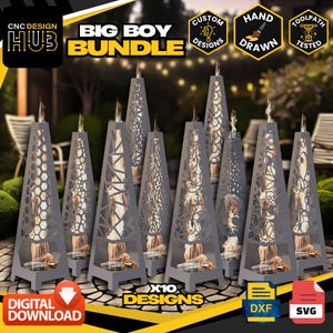 May include: A collection of ten gray metal fire pits with intricate cut-out designs. Each fire pit has a conical shape and a base, with flames visible inside. The image includes text that says "BIG BOY BUNDLE" and "DIGITAL DOWNLOAD".