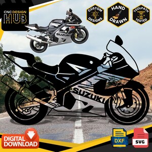 以下が含まれることがあります： 「SUZUKI」の文字が入った、黒とシルバーの鈴木オートバイのデザイン。画像には「CNC DESIGN HUB」、「CUSTOM DESIGNS」、「HAND DRAWN」、「TOOLPATH TESTED」、「DIGITAL DOWNLOAD」、「DXF」、および「SVG」の文字が含まれています。