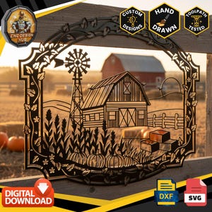 Könnte beinhalten: Schwarze Metall-Wandkunst mit einer Bauernhofszene mit Scheune, Windmühle, Kürbissen und Weizen. Das Design ist von einem dekorativen Rahmen umgeben. Der Text "CUSTOM DESIGNS", "HAND DRAWN", "TOOLPATH TESTED" und "DIGITAL DOWNLOAD" ist enthalten.