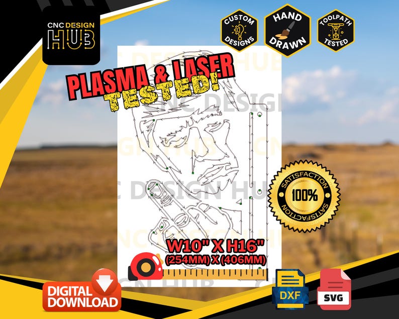 May include: A digital download of a line art design of a person's face with a finger pointing up. The design is labelled "Plasma & Laser Tested!" and is 10 inches wide by 16 inches high. The design is available in DXF and SVG formats.