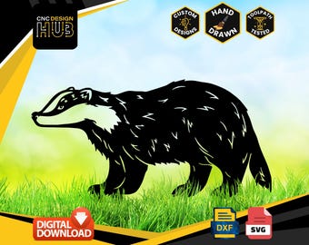 May include: Black and white silhouette of a badger walking on a green grassy field. The image is a digital download file for use with a CNC machine. The file formats included are DXF and SVG.