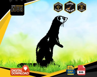 May include: Black and white silhouette of a ferret standing on its hind legs with its tail curled behind it. The ferret is on a green grassy background. The image is for a digital download of a DXF and SVG file.