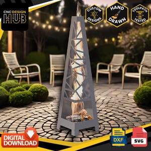 Puede incluir: Una chimenea exterior alta de metal gris con un diseño geométrico, con madera ardiendo en su interior. La imagen incluye el texto "CNC DESIGN HUB", "CUSTOM DESIGNS", "HAND DRAWN", "TOOLPATH TESTED", "DIGITAL DOWNLOAD" e iconos de tipo de archivo.