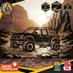 May include: Black metal art piece depicting a lifted truck driving through water in a canyon setting. The artwork features the text "CNC Design Hub", "Custom Designs", "Hand Drawn", and "Toolpath Tested". Includes "Digital Download" and file type icons.