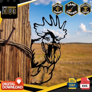 May include: Black and white silhouette of a rooster's head, hand-drawn and digitally designed for CNC cutting. The image is set against a blurred background of a wooden fence post and a field.