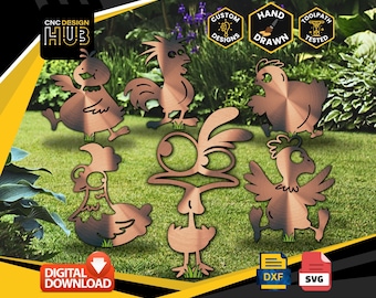 May include: A set of five digital cut files featuring a rooster and four chickens. The files are available in DXF and SVG formats. The designs are hand-drawn and toolpath tested.