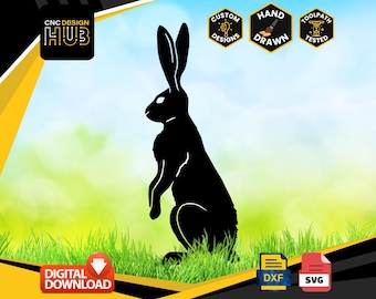 May include: Black silhouette of a rabbit standing on its hind legs, with its ears perked up. The rabbit is set against a green grassy background. The image is labeled "CNC Design Hub" and includes the text "Digital Download", "DXF", and "SVG".
