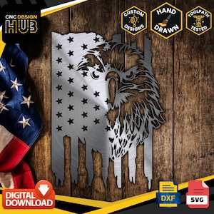 May include: A digital download of a CNC design for a distressed American flag with an eagle's head in the center. The design is hand-drawn and comes in DXF and SVG formats.