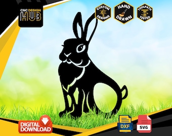 May include: Black silhouette of a rabbit sitting on a green grassy background. The image includes the text "CNC DESIGN HUB", "CUSTOM DESIGNS", "HAND DRAWN", "TOOLPATH TESTED", "DIGITAL DOWNLOAD", "DXF", and "SVG".