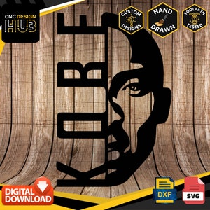 May include: Black metal wall art featuring a stylized portrait of a person with the name "KOBE" vertically arranged. The design includes icons for custom designs, hand-drawn art, and toolpath testing. The words "CNC DESIGN HUB" are also visible.