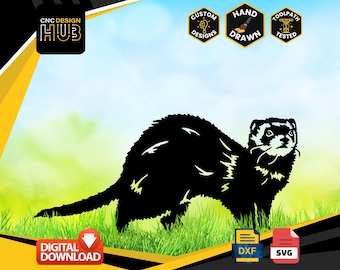 May include: Black silhouette of a ferret standing on a green grassy field. The image is a digital download available in DXF and SVG formats.