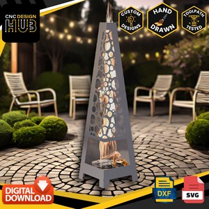 May include: A gray metal outdoor fireplace with a decorative cut-out design. The fireplace has a rectangular base and a tall, tapered shape. The text "CNC DESIGN HUB" is in the upper left corner. The image also includes the words "DIGITAL DOWNLOAD".