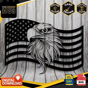 May include: Black metal art piece featuring an American flag with an eagle's head. The flag has stars and stripes, and the eagle is detailed. The image includes the text "CNC DESIGN HUB" and icons for custom designs, hand-drawn, and tested toolpath.
