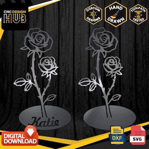 May include: A digital download of a CNC design for a metal rose with a personalized nameplate. The design is hand-drawn and includes the text "Katie".