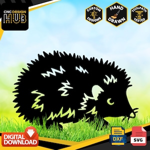 May include: Black silhouette of a hedgehog walking on green grass. The image includes the text "CNC DESIGN HUB", "CUSTOM DESIGNS", "HAND DRAWN", and "TOOLPATH TESTED".
