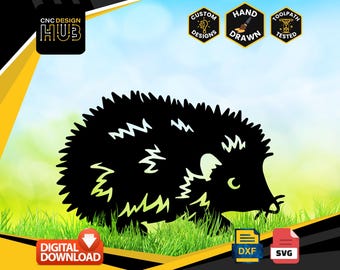May include: Black silhouette of a hedgehog walking on green grass. The image includes the text "CNC DESIGN HUB", "CUSTOM DESIGNS", "HAND DRAWN", and "TOOLPATH TESTED".