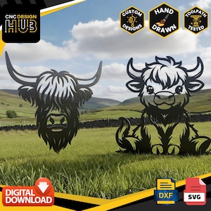 Peut inclure: Deux découpes en métal noir représentant des vaches des Highlands. L'une est une tête, l'autre un veau assis. L'arrière-plan est un champ herbeux avec un mur en pierre et des collines. Le texte "CNC DESIGN HUB", "CUSTOM DESIGNS", "HAND DRAWN", "TOOLPATH TESTED", "DIGITAL DOWNLOAD", "DXF" et "SVG" est inclus.