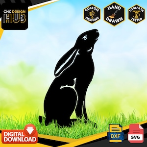Estacas de animais de jardim - Silhueta de lebre observando a lua - Projetado para máquinas CNC - Plasma, laser, jato de água - Arquivos DXF e SVG Caminho de ferramenta testado