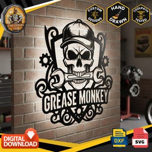 May include: A black metal wall art piece featuring a skull wearing a baseball cap with a wrench held in its teeth, framed by decorative scrollwork and gears. The text GREASE MONKEY is centered below the skull. Includes digital download icons.