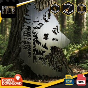 May include: A metal wolf head silhouette with forest details, mounted on a tree trunk. The design includes the text "CNC DESIGN HUB", and icons for "Custom Designs", "Hand Drawn", and "Toolpath Tested". Digital download available.