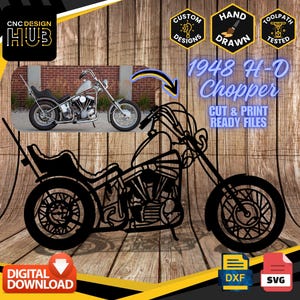 May include: Black and white line art illustration of a 1948 H-D Chopper motorcycle. The image includes the text "1948 H-D Chopper", "CUT & PRINT READY FILES", "DXF", and "SVG".