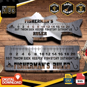 May include: A metal fish-shaped ruler with the words "Fisherman's Ruler" and a scale from 0 to 20 inches. The ruler is on a wooden background with a digital download icon.