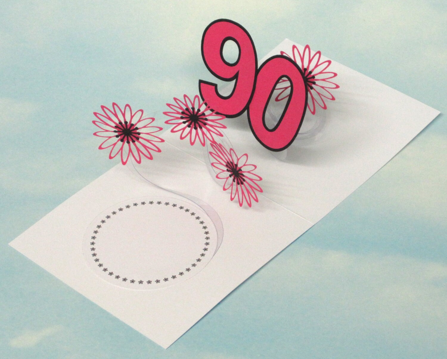 90. Geburtstag Karte Blumen Spirale Pop-Up-3D rosa Blüten