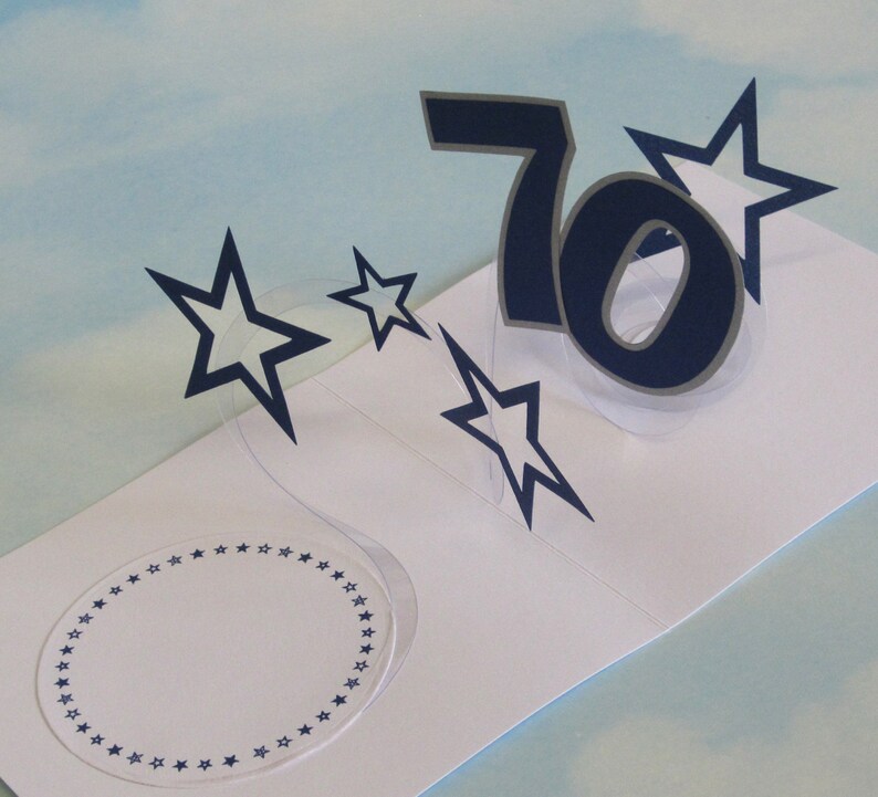 PopUp Card Blue Stars \u2013 70th Birthday Spiral Pop Up Card 70th Birthday Card Spiral Pop Up 3D