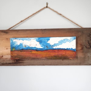 Red Prairies Plank; Original Texture Watercolor Painting; Canvas mounted to wood